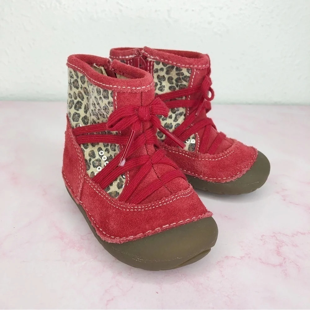 Stride Rite boots Holly leopard print and red suede side‎ zip size 3 infant